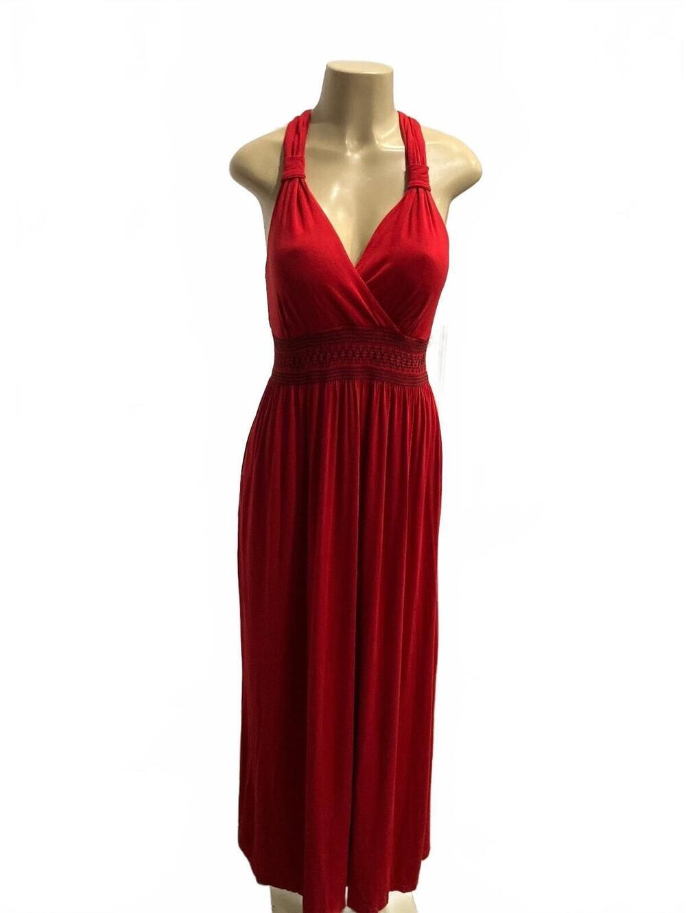 Pre- Loved Soma Red Sleeveless Maxi Dress with Smocked Waist and Halter Neck